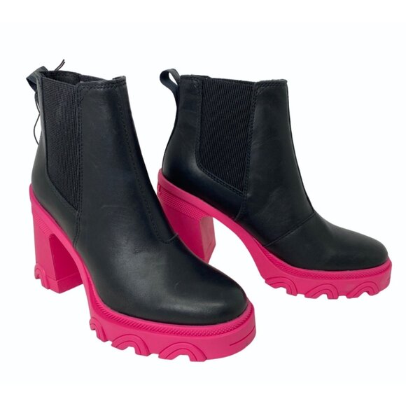 SOREL Brex Waterproof Platform Chelsea Boot Sz 5 Black Leather and Pink Soles - Picture 1 of 13